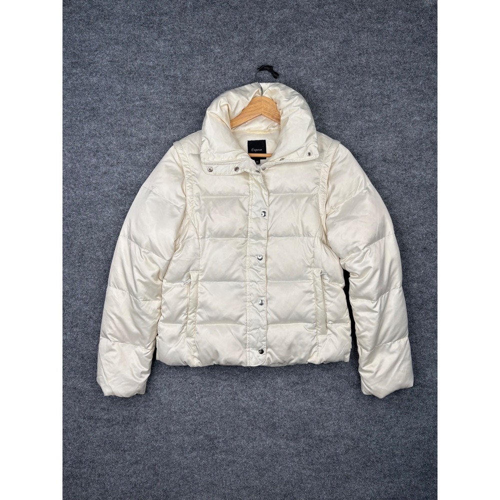 Express Womens Puffer Jacket XS Cream Ivory Quilted Satin Zip Up Winter Coat